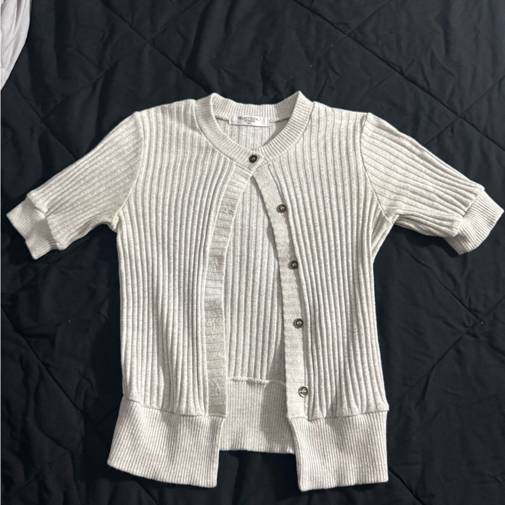 Project Social T Ivory Ribbed Button-Up Cardigan